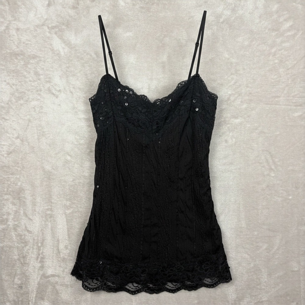 Moa Moa Black Lace Trim Sequin Mesh Camisole Top M Straps Whimsigoth Y2K
Party
